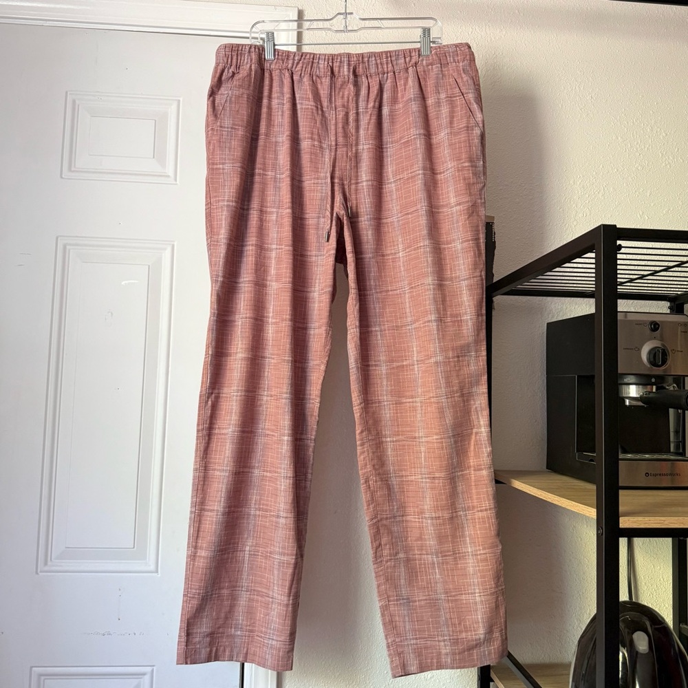 WILDFANG dusty pink mauve plaid cotton linen elastic waist straight leg pants